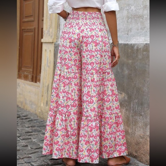 Boho Floral Print High Waist Smocked Wide Leg Palazzo Pants - Picture 2 of 4
